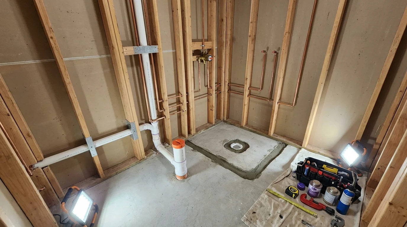 Bathroom rough-in plumbing during remodel by Johns Plumbing LLC in Leetonia