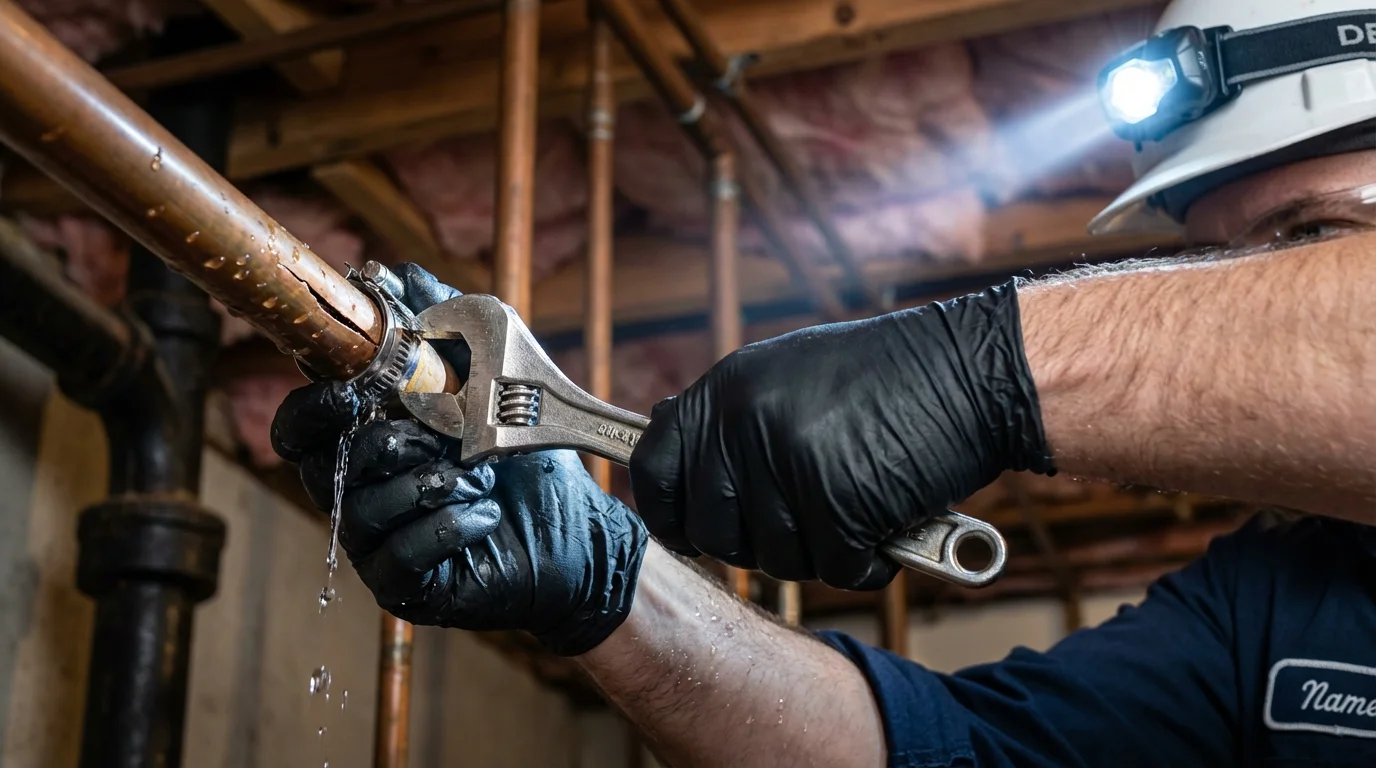 Emergency pipe clamp repair being performed by a Johns Plumbing LLC plumber in Leetonia