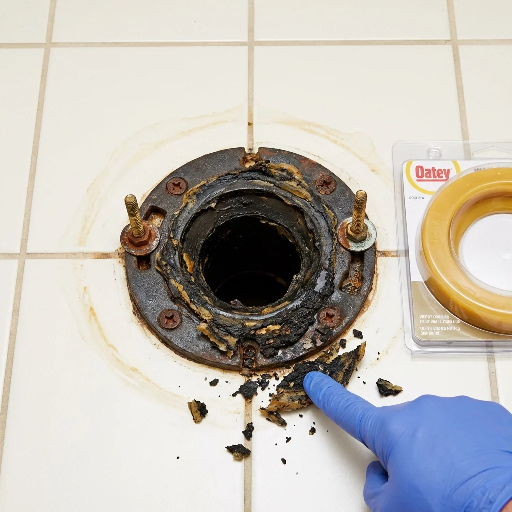Failed wax ring showing water seepage at the base of a toilet in a Leetonia, OH home