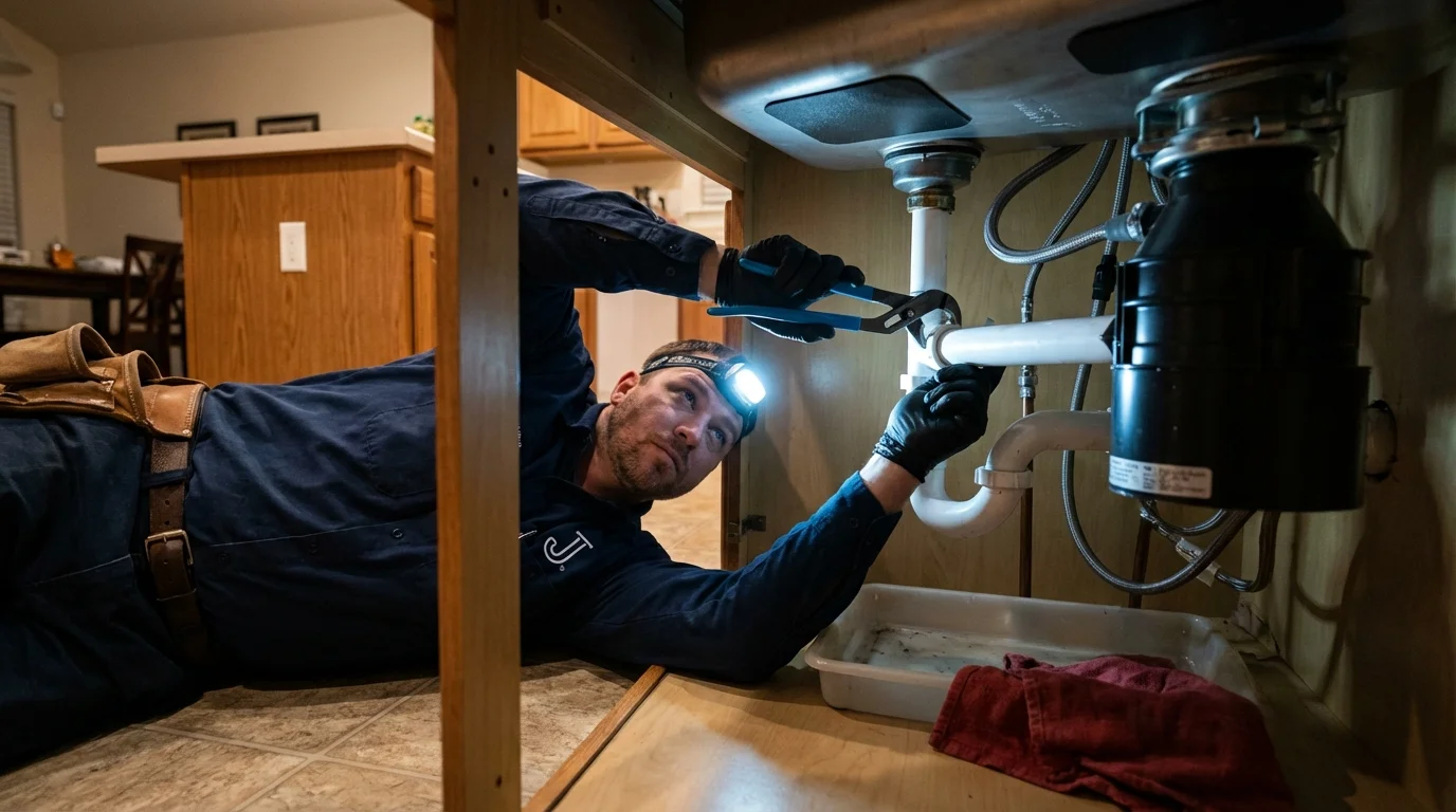 P-trap and supply line connections under a kitchen sink showing a common leak point in Leetonia, OH